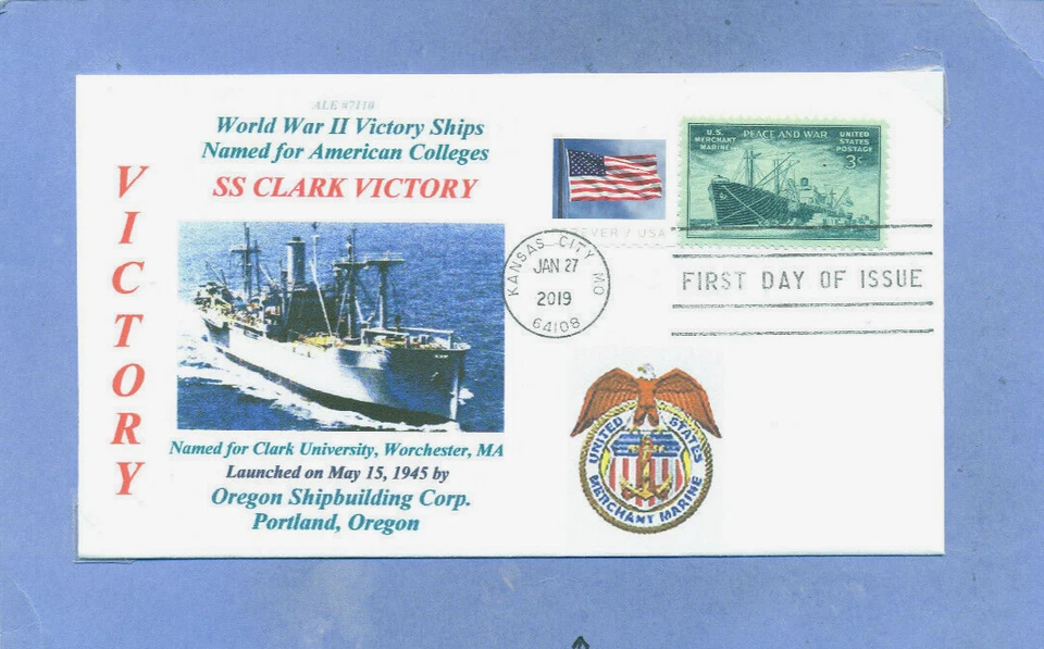 CLARK VICTORY Ship named: Clark University in Massachusetts Photo First Day PM - Image 1 of 1