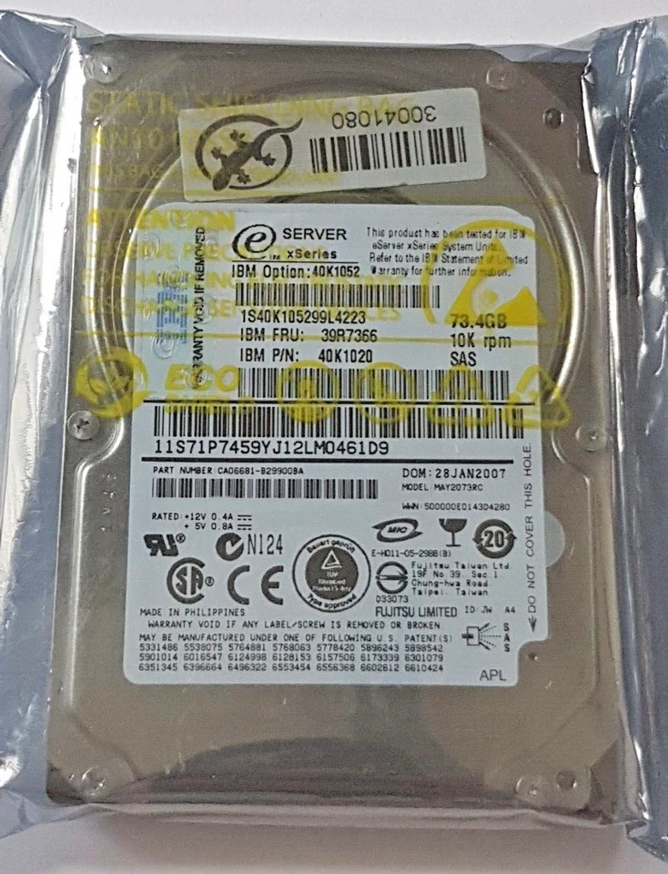 73.4 GB SAS IBM x Serie 40K1052 Fru 39R7366 10K RPM 16MB HDD 2.5 " Disk Nuovo - Immagine 1 di 1