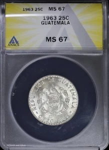 1963 Guatemala 25c Silver Quetzal Bird ANACS MS 67 | Uncirculated - Picture 1 of 4