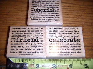 3 FRIENDS,CHERISH,CELEBRATE SAYINGS STAMPIN-UP 2005 WOOD RUBBER STAMP FREE SHIP - Picture 1 of 2