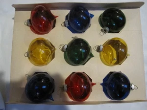 WW2 Vintage Shiny Brite Unsilber runder Pointie mehrfarbige Schachtel mit 9 Weihnachtsschmuck - Bild 1 von 21