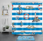 Nautical Anchor Navy Blue White Striped Shower Curtain Bathroom Accessories Set