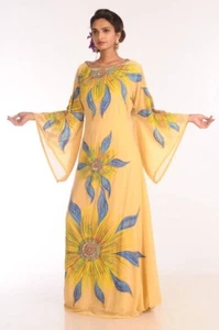 Yellow embroidered georgette islamic kaftans with zari work - Picture 1 of 6