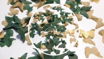 Papel de tecido biodegradável para casamento confete borboletas - verde profundo e dourado - Imagem 1 de 3