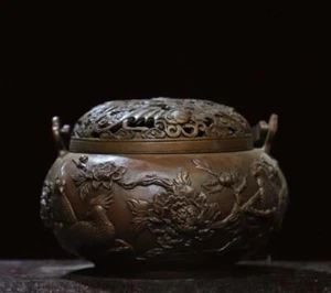 Antico bruciatore di incenso cinese in bronzo firmato Qianlong con uccellino - Foto 1 di 9