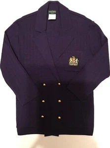 Harve Benard Blazer Wool L Tall Purple Cardigan Jacket Gold Buttons Crest Logo - Picture 1 of 9