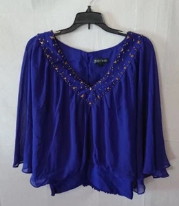 Women's Vintage Royal Blue Flowing Rampage Beaded Batwing Sleeve Blouse Size S - Picture 1 of 7