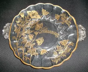 Glass Flanders Poppy 22k Gold Overlay Crystal Cake Plate 50th Anniv. Handled OF9 - Picture 1 of 5