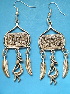 Mayan Gods Earrings Native Dancer KACHINA Southwest Feather Silver Ear Wires NEW - Picture 1 of 7