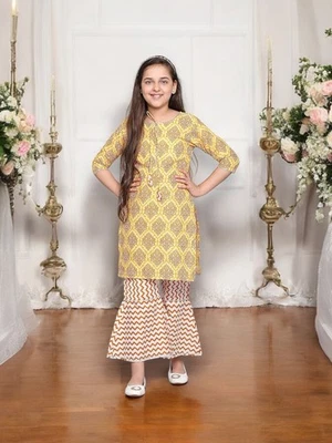 Conjunto Kurti de Algodón Tradicional con Pantalón para Niñas, Ropa Cultural para Niños,01 Foto 1 de 4