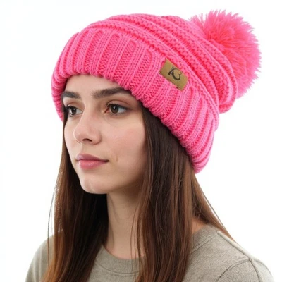 GORRO ACANALADO TEJIDO CON CABLE POMPÓN GRUESO ROSA GRANATE KBETHOS nuevo con etiquetas Foto 1 de 4