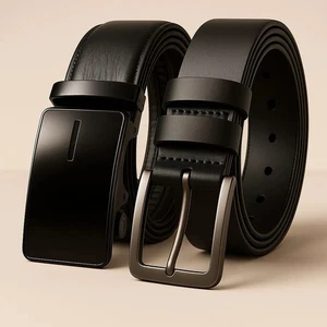 Cinturones de cuero negros para hombre - Juego de hebilla automática y hebilla de pasador (2 cinturones, marca) - Imagen 1 de 5