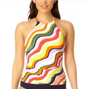 Anne Cole Women Multicolor Wavy High-Neck Strappy-Back Swim Tankini Top Size M - Picture 1 of 6