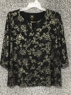 Jm Collection Size 1X Black Keyhole Neckline Hardware Trim Gold Floral Print Top - Image 1 of 4