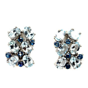 Unheated Aqua Blue Aquamarine & Blue Sapphire Earrings 925 Sterling Silver