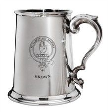 Brown Family Crest Polished Pewter 1 Pint Tankard with Scroll handle