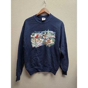 Vintage Wisconsin M Sweatshirt Winter Birds Graphic Navy Blue Sweater - Picture 1 of 6