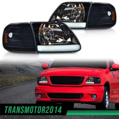 LED Strip Headlights & Corner Parking Lights Fit For 97-04 Ford Expedition Smoke - Image 1 of 4