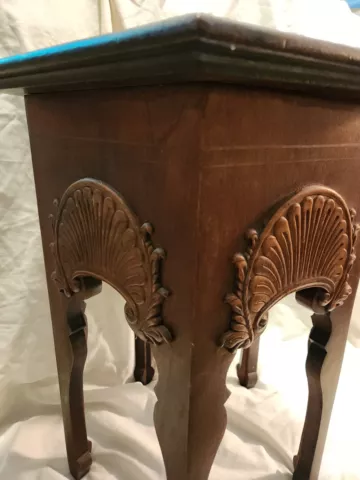 Vtg Walnut Plant Stand End Table Handmade Ornate Carved Wood Antique 19"Art Deco Cover