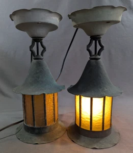 Antique Pair Hammered Copper Porch Lights Rewired Yellow Leaded Glass Shades - Picture 1 of 12