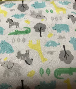 CARTER'S Jungle Animal Baby Blanket Yellow Trim White Sherpa Blue Gray Green - Picture 1 of 4