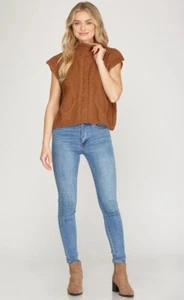 NWT SHE + SKY Rust Drop Shoulder Sleeveless Cable Sweater Anthropologie Size M - Picture 1 of 8