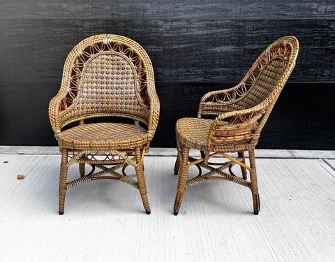 RARE Early 20th C. Antique Handmade Hand Woven Rattan Bamboo Arm Chairs Pair Cover