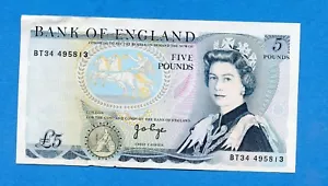 Bank of England 1973 £5 Banknote J.P. Seitenpräfix BT34 - Bild 1 von 2