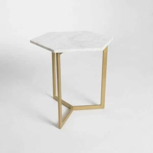 Best Home Fashion Tavolo Accento Esagonale 18" H X 18" L Struttura Metallo Piano Pietra Bianco - Foto 1 di 7
