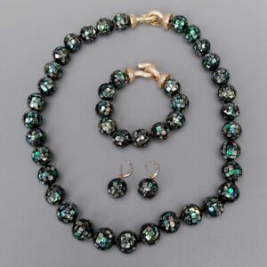 Peacock Black Rainbow Abalone Shell 16mm Long Necklace Bracelet Earrings Set