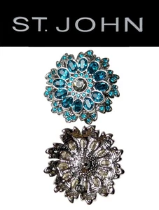 St John Knits (1.5 Inch) Silver Tone Floral Turquoise Crystal Shank Button - Picture 1 of 1