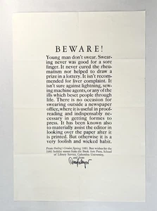Book Arts Press, Terry Belanger / broadside Beware Signed 1st Edition 1981 - Imagen 1 de 1