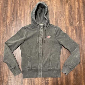 Felpa Hollister con cappuccio e zip intera bottoni giacca tasche grigio logo donna M - Foto 1 di 17