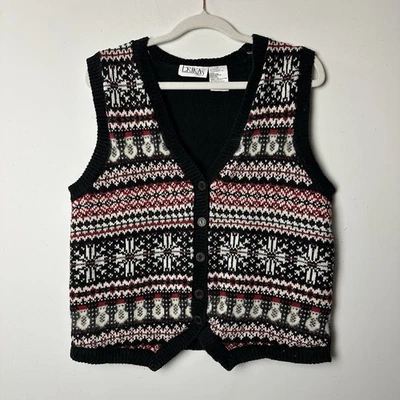 De Colección Erika Tejido Suéter Chaleco Negro Fair Isle Botones Muñecos de Nieve Abuela Años 90 Cabina M Foto 1 de 4