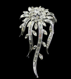 Nolan Miller Vintage Crystal Glass Marquis Baguette Weeping Flower Pin Brooch