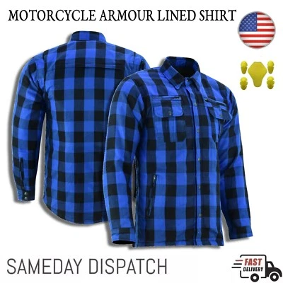 Men Motorcycle Plaid Lined Flannel Biker Shirt With Armor Pads & 2 Pockets Blue - Изображение 1 из 4