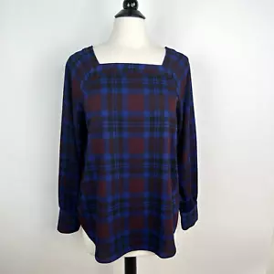 Blusa Ann Taylor Factory Cuello Cuadrado Manga Larga MEDIANA Azul Borgoña Top a Cuadros - Imagen 1 de 10