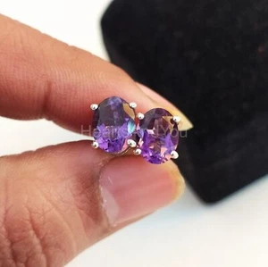 2ct Oval Natural Amethyst & Diamond Solitaire Stud Earrings 14k Solid White Gold - Picture 1 of 17