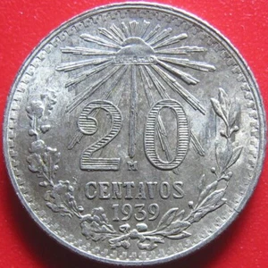 1939 MEXICO 20 CENTAVOS SILVER EAGLE SNAKE LIBERTY CAP MEXICAN MINT COIN 19mm - Picture 1 of 2