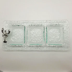 Clear Tinted Glass Divided Relish Dish Rectangle 3 Sections With Silver Lobster - Picture 1 of 4
