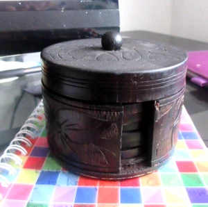 Antik Ebenholz Indischer Elefant Box Set Getränke Matten Raj Time - Bild 1 von 5
