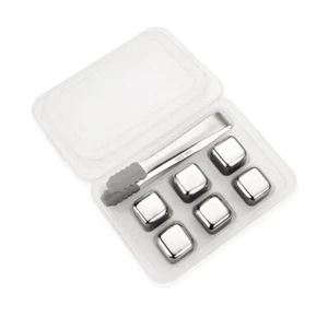 6PCS Reusable Whiskey Ice Cubes Set with Silicone Head Tongs & Trays Stainless - Picture 1 of 8