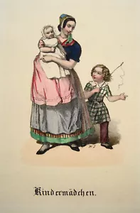Kindermädchen Tracht Kind Spiel wunderschöne altkolorierte Lithographie 1845 - Bild 1 von 1