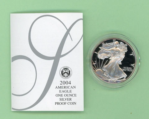 US Proof Silver Eagle, 1 coin, 2004, Mint Pkg + COA Cover