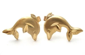 14K Gold Dolphin Earrings Diamond Cut Pierced Studs Vintage Beach Jewelry - Picture 1 of 7