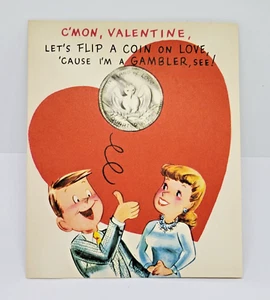 Tarjeta de San Valentín mecánica abatible de moneda de jugador vintage sin usar - Imagen 1 de 4