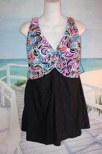 16 SWIMDRESS BABYDOLL WRAP TOP 16W BATHING SUIT 1X PINK, TEAL, ORANGE & BLACK - Picture 1 of 5