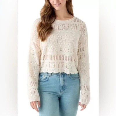 NEW A BYER Long Sleeve Crochet Open Knit IVORY WHITE CREAM BOHO Sweater SZ S - Image 1 of 4