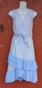 NWT IVANKA TRUMP Dress Women's Size 10 BLUE WHITE Sleeveless MIDI Tie Waist - Picture 1 of 6