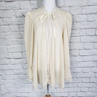 Vintage Petra Fashions Biege Nylon Peignoir Sheer Tie Front Lace Puff Slv Sz M - Image 1 of 4